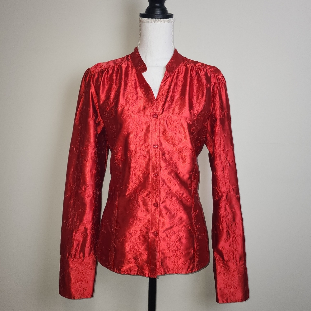 Vintage red satin button down‎ fitted blouse Jacket Style